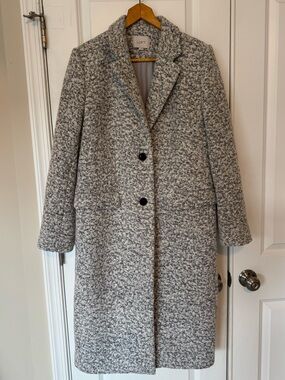 LOFT Bouclé Black White Gray Single-Breasted Long Wool Coat Sz Large NWOT